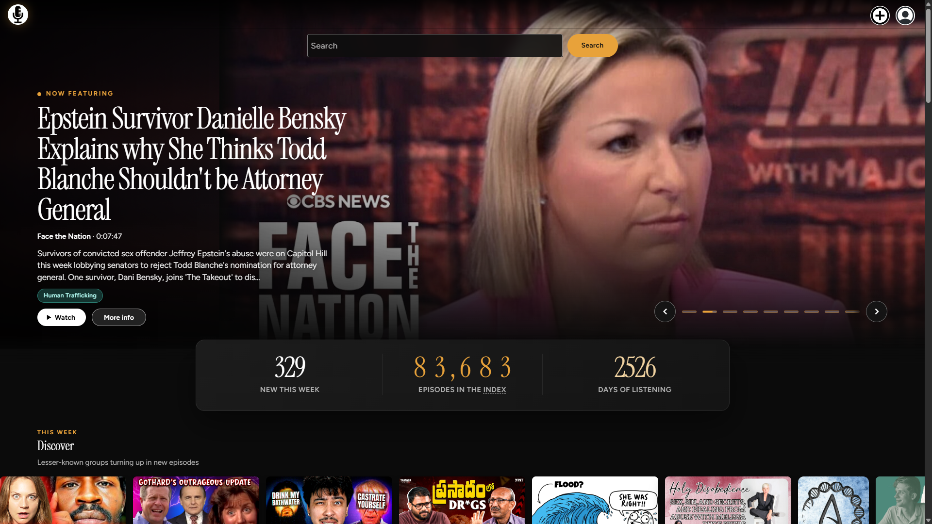 CultPodcasts homepage hero in dark mode